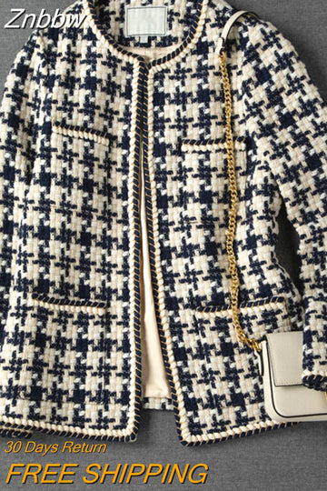 Znbbw 2023 Elegant Weave Plaid Women Blazer With Pocket And Lining Autumn Winter Causal Tweed Coat Office Ladies Suit Jacket